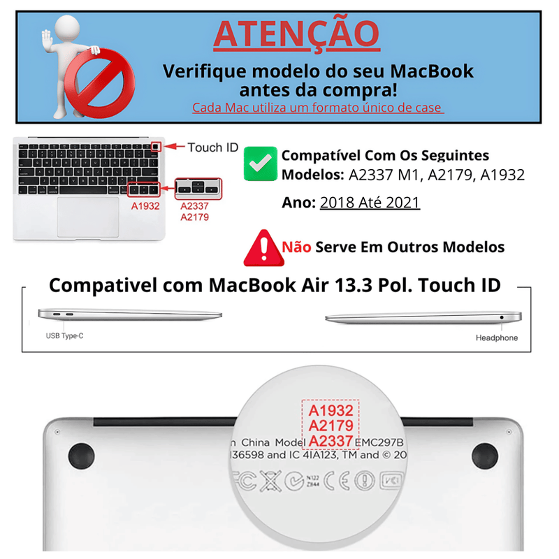 Capa Para MacBook Air 13 Pol Touch ID - Mod: M1 A2337/ A2179/ A1932 - 2018 até 2021