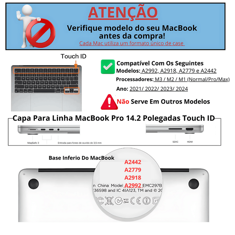 Capa Hard Case MacBook Pro 14.2 Pol. - Modelos: M1 A2442/ M2 A2779/ M3 A2919 A2992/ M4 A3112 A3185 A3401- Normal / Pro / Max (2021 ate 2025)