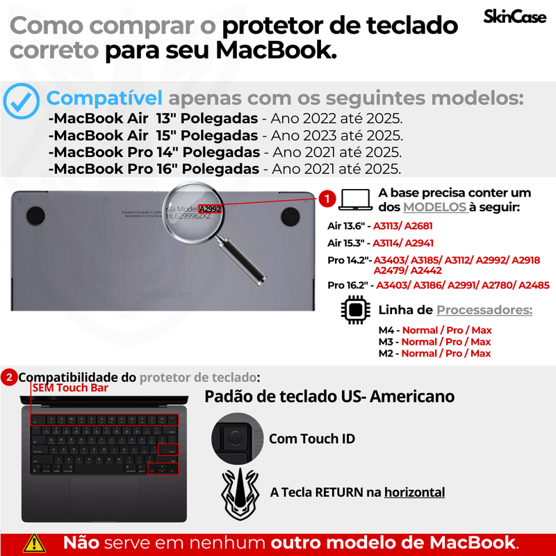 Protetor Teclado MacBook Air 13 e 15 M2 M3 A2681 A3113 A2941 A3114 - Pro 14 16 A2442 A2779 A1918 A2992 A2485 A2780 A2991