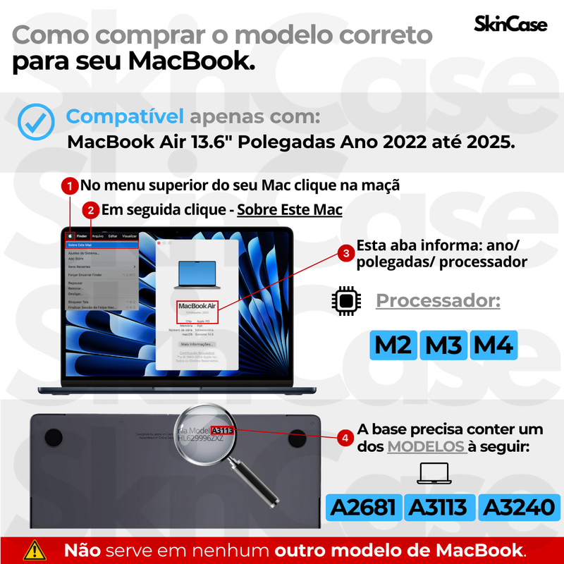 Capa SkinCase Para MacBook Air 13.6 Polegadas - Modelos: M2 A2681 / M3 A3113 Ano 2022 até 2025