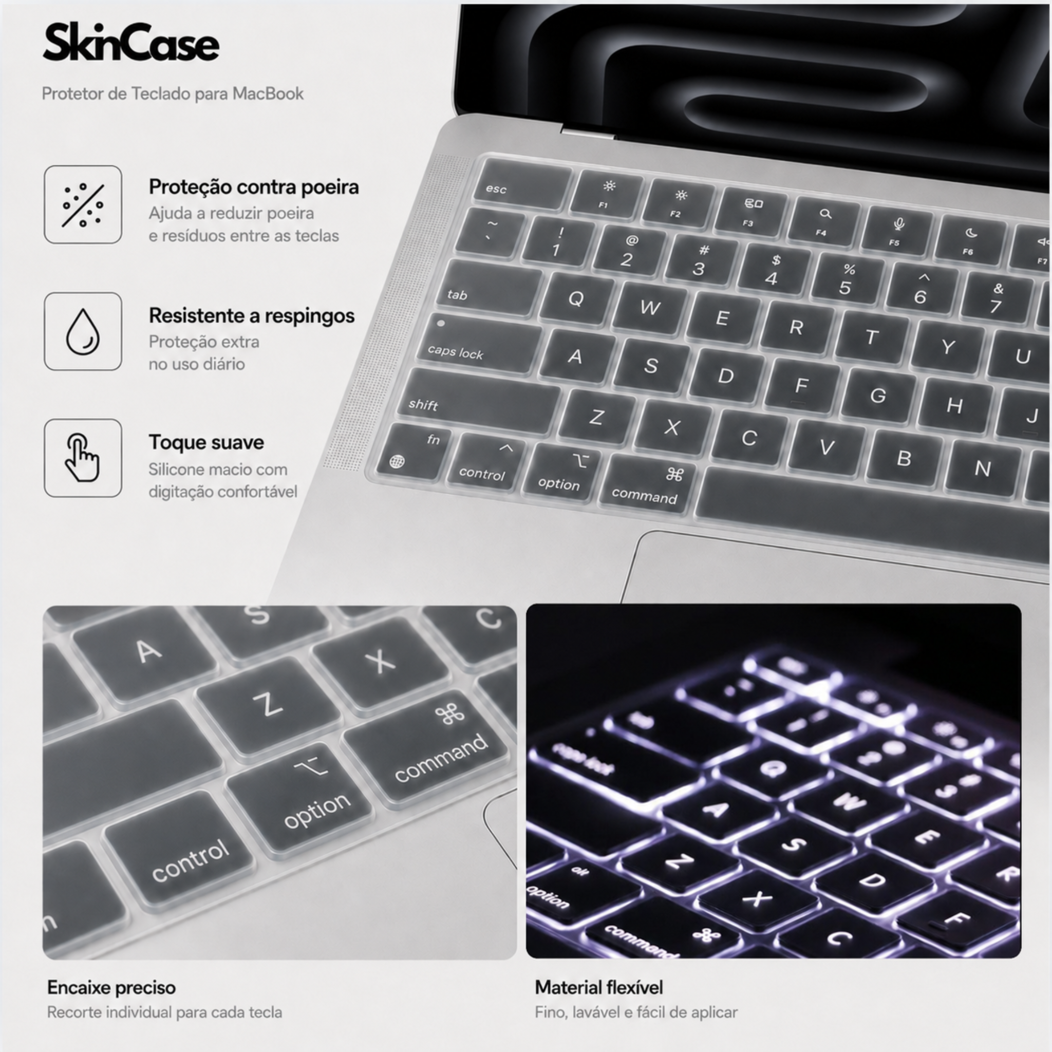 Protetor de Teclado Transparente para MacBook Air 13, Air 15, Pro 14 e Pro 16 Padrão US SkinCase #cor_transparente